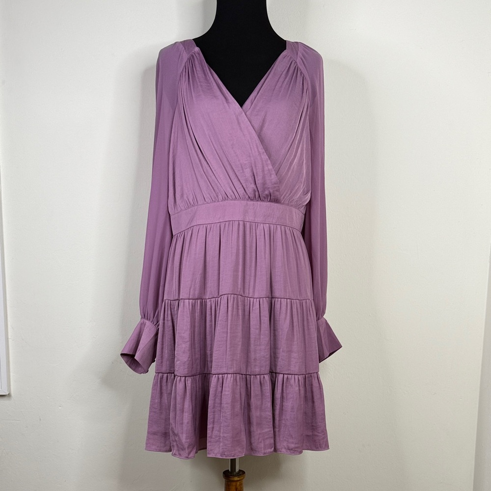 NAKED ZEBRA Sheer Longsleeve Surplice Tiered Dress in Primerose L